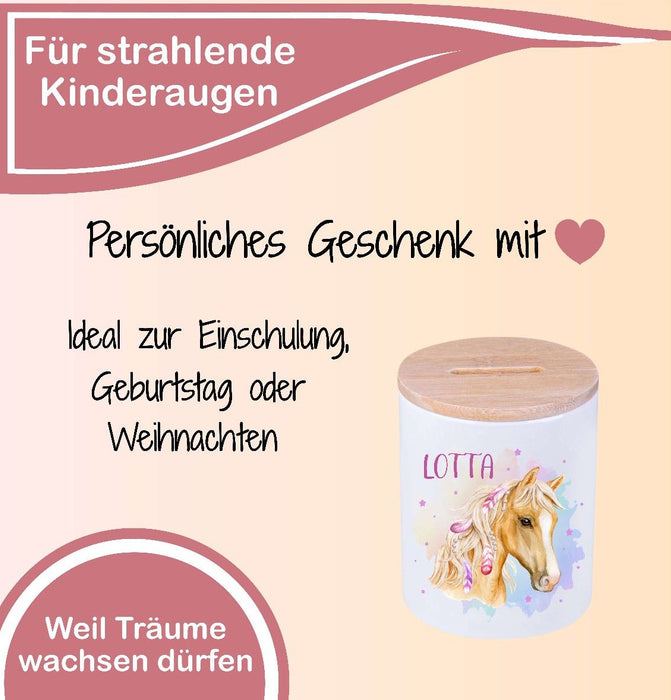 Kinder Spardose mit Name Pferd – Personalisierte Spardose für Kinder Keramik mit Bambusdeckel für Mädchen | CreativMade .