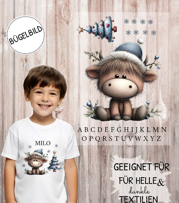 Bügelbild Kinder Highland Kuh Weihnachten Textilaufbügler DIY Projekt Applikation hochwertiger DTF Ausdruck XL - CreativMade 