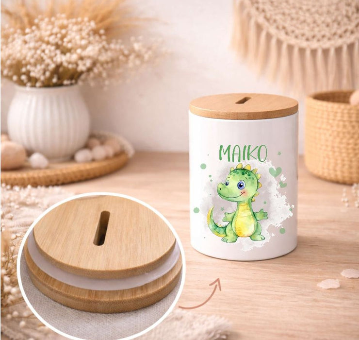 Kinder Spardose mit Name Drache grün  – Personalisierte Spardose für Kinder Keramik mit Bambusdeckel für Jungen | CreativMade .