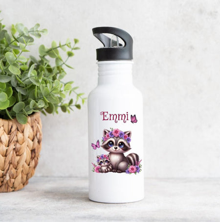 Personalisierte Trinkflasche Waschbär Kinder Edelstahl mit Name mit Strohhalm Mädchen Geschenk Einschulung Geburtstag - CreativMade 