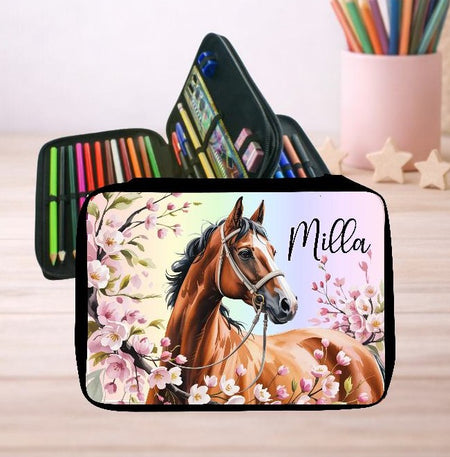 Personalisiertes Federmäppchen mit Name Pferd Mädchen Geschenk Einschulung Federmappe Federpenal - CreativMade