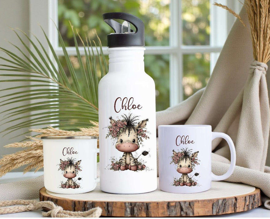 Personalisiertes Kinder Trinkflaschen- & Tassen-Set mit Namen Zebra – Edelstahl Trinkflasche 500 ml für Schule & Kindergarten - CreativMade