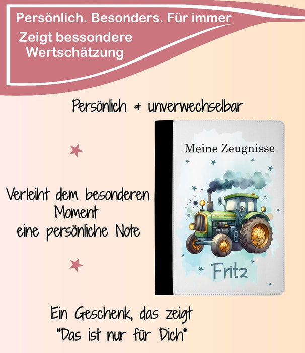 Personalisierte Zeugnismappe mit Namen Traktor – Mappe für Schulzeugnisse A4 | Geschenk zur Einschulung Jungen - CreativMade