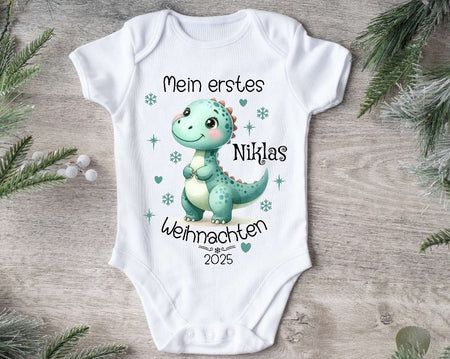 Mein erstes Weihnachten Baby-Body Dinosaurier Jungen – personalisiert Weihnachtsoutfit aus Baumwolle (0–18 Monate) Strampler - CreativMade 