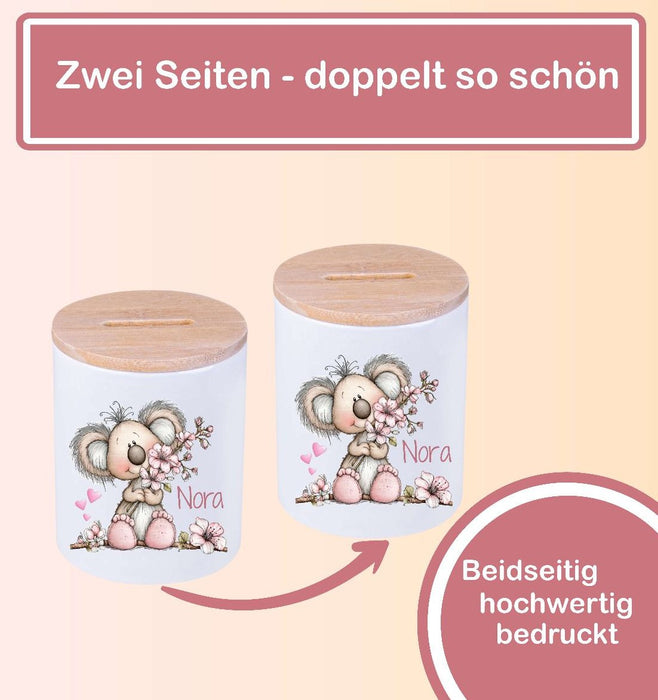 Kinder Spardose mit Name Tier-Motiv – Personalisierte Spardose für Kinder Keramik mit Bambusdeckel
