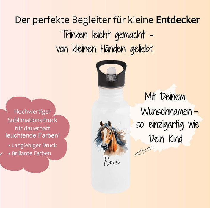Personalisierte Trinkflasche Kinder Pferd -  Edelstahl Trinkflasche mit Name - Strohhalm Geschenk Einschulung Geburtstag - CreativMade 