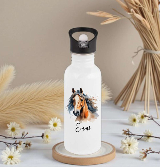 Personalisierte Trinkflasche Kinder Pferd -  Edelstahl Trinkflasche mit Name - Strohhalm Geschenk Einschulung Geburtstag - CreativMade 