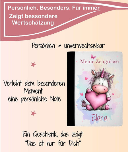 Personalisierte Zeugnismappe mit Namen Einhorn Mädchen – Mappe für Schulzeugnisse A4 | Geschenk zur Einschulung Jungen Mädchen - CreativMade 