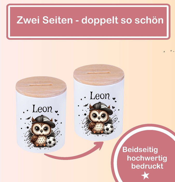 Kinder Spardose mit Name Fußball Eule grün  – Personalisierte Spardose für Kinder Keramik mit Bambusdeckel für Jungen | CreativMade .