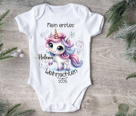 Mein erstes Weihnachten Baby-Body Einhorn Mädchen – personalisiert Weihnachtsoutfit aus Baumwolle (0–18 Monate) Strampler - CreativMade 