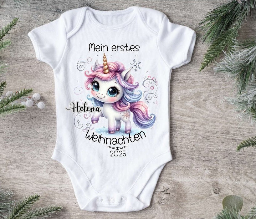 Mein erstes Weihnachten Baby-Body Einhorn Mädchen – personalisiert Weihnachtsoutfit aus Baumwolle (0–18 Monate) Strampler - CreativMade 