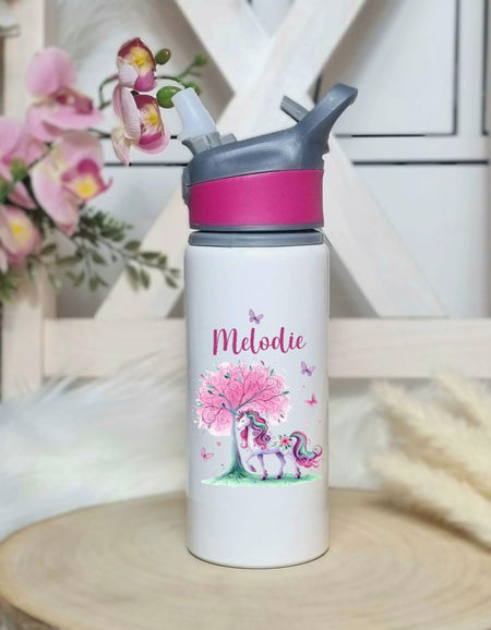 Personalisierte Trinkflasche mit Namen und Strohhalm Pferd Wasserflasche aufklappbares Mundstück - CreativMade