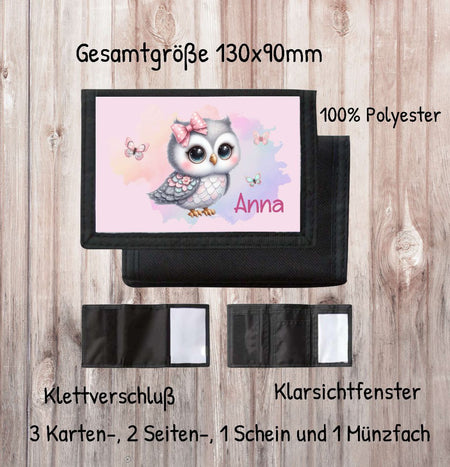 Kinder Geldbeutel personalisiert Eule – Geldbörse mit Namen Klettverschluss Porte­mon­naie - CreativMade