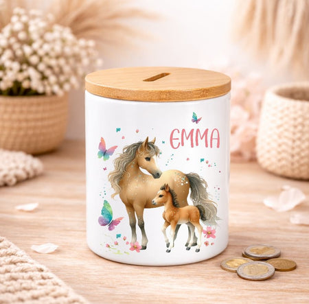 Kinder Spardose mit Name Pferd & Fohlen – Personalisierte Spardose für Kinder Keramik mit Bambusdeckel für Mädchen - CreativMade