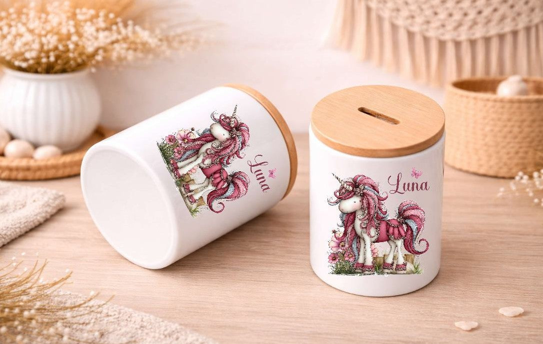 Kinder Spardose mit Name Einhorn – Personalisierte Spardose für Kinder Keramik mit Bambusdeckel für Mädchen