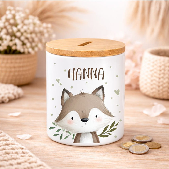 Kinder Spardose mit Name Löwe – Personalisierte Spardose für Kinder Keramik mit Bambusdeckel für Jungen oder Mädchen Waldtiere Safari Tiere Zootiere - CreativMade