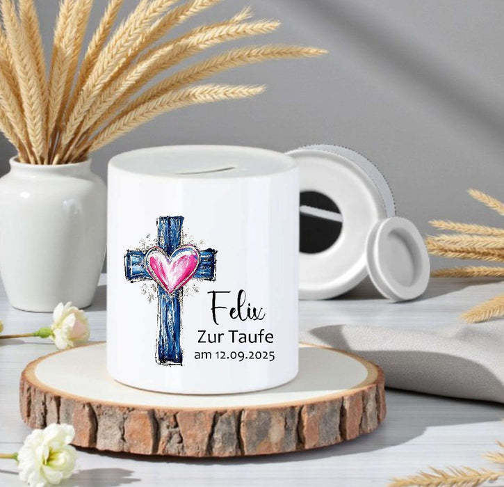 Personalisierte Taufspardose aus Keramik – Kreuz - Spardose zur Taufe mit Namen - CreativMade