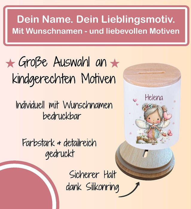 Kinder Spardose mit Name Fee – Personalisierte Spardose für Kinder Keramik mit Bambusdeckel für Mädchen | CreativMade .