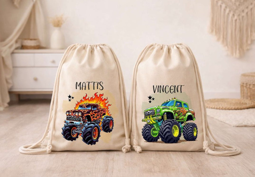 Kinder Turnbeutel mit Namen personalisiert – Monstertruck Sportbeutel für Kindergarten, Schule und Schwimmen - CreativMade 