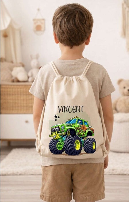 Kinder Turnbeutel mit Namen personalisiert – Monstertruck Sportbeutel für Kindergarten, Schule und Schwimmen - CreativMade 