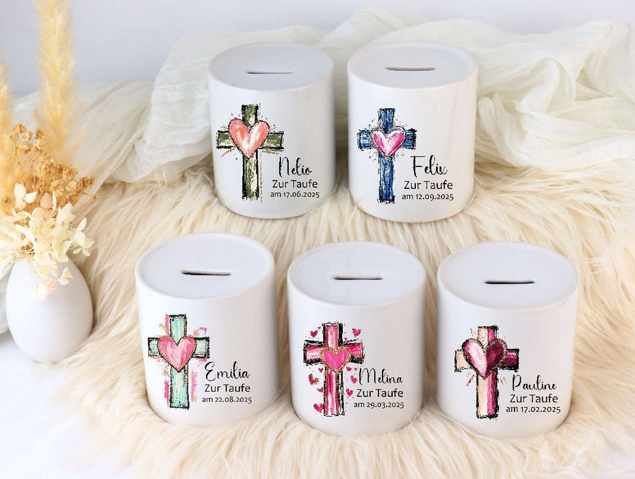 Personalisierte Taufspardose aus Keramik – Kreuz - Spardose zur Taufe mit Namen - CreativMade