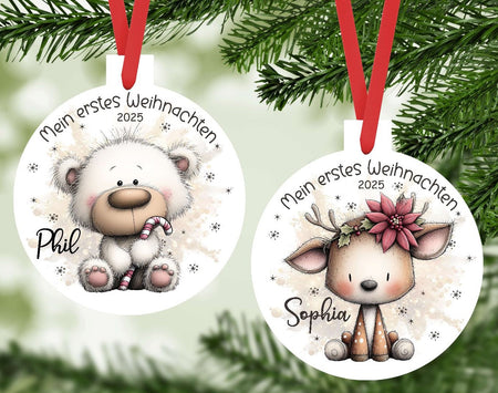 Personalisierter Christbumschmuck & Weihnachtsbaumanhänger Baby Fuchs Rentier – Mein erstes Weihnachten mit Namen aus Aluminium Geschenkidee - CreativMade