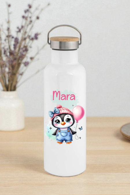 Personalisierte Kinder Trinkflasche mit Namen Pinguin – Edelstahl Thermosflasche auslaufsicher für Kindergarten & Schule - CreativMade