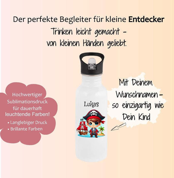Personalisierte Trinkflasche Kinder Pirat -  Edelstahl Trinkflasche mit Name - Strohhalm Geschenk Einschulung Geburtstag - CreativMade 