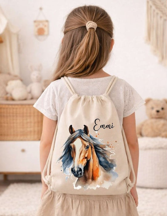 Kinder Turnbeutel mit Namen personalisiert – Pferd Sportbeutel für Kindergarten, Schule und Schwimmen - CreativMade