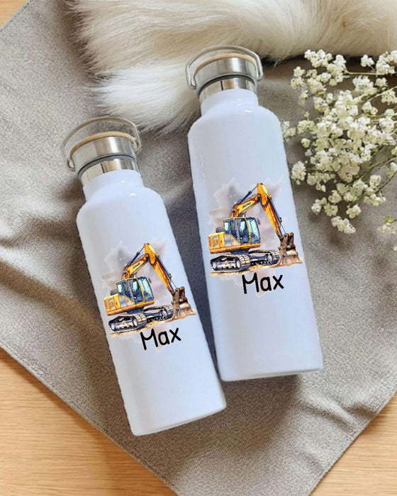 Personalisierte Kinder Trinkflasche mit Namen Bagger – Edelstahl Thermosflasche auslaufsicher für Kindergarten & Schule - CreativMade