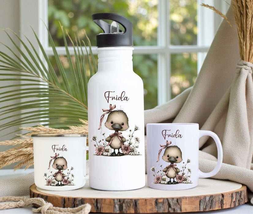 Personalisiertes Kinder Trinkflaschen- & Tassen-Set mit Namen Ente – Edelstahl Trinkflasche 500 ml für Schule & Kindergarten - CreativMade