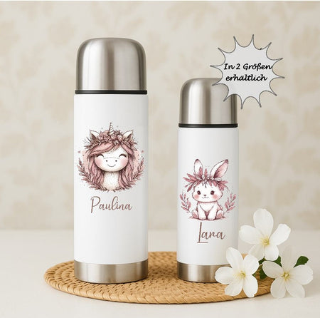 Thermoskanne personalisiert mit Namen Einhorn oder Hase Edelstahl Isolierflasche Thermoflasche Geschenkidee - CreativMade