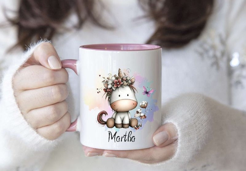 Kindertasse personalisiert mit Namen Einhorn Mädchen Emaille Keramik Kunststoff Geschenk - CreativMade 