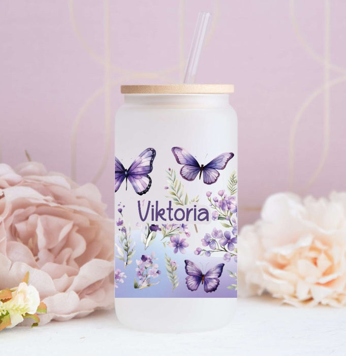 Eiskaffeeglas personalisiert Schmetterling Trinkglas mit Deckel Strohh– CreativMade