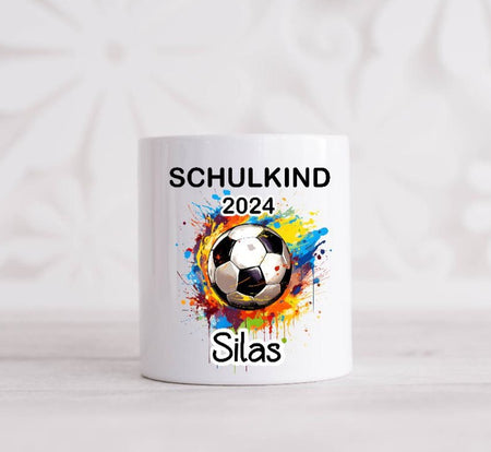 Spardose personalisiert Schulkind Fußball mit Name Junge Keramik Geldgeschenk Sparbüchse - CreativMade 