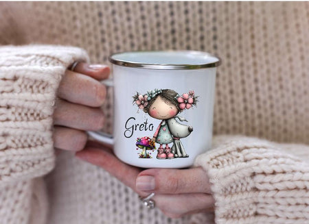 Kindertasse personalisiert mit Namen Mädchen - Hund Emaille Keramik Kunststoff Geschenk - CreativMade 
