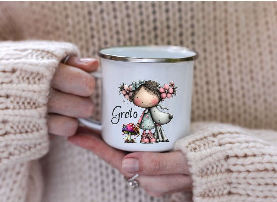 Kindertasse personalisiert mit Namen Mädchen - Hund Emaille Keramik Kunststoff Geschenk - CreativMade 