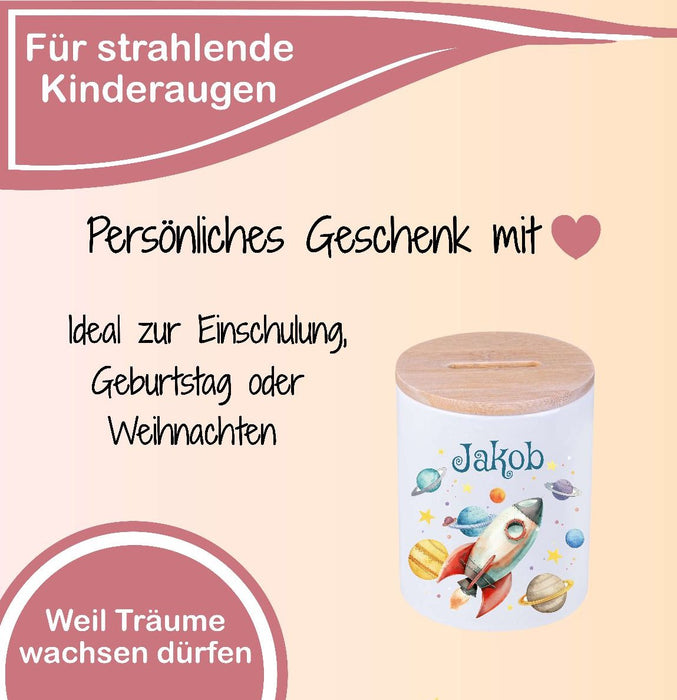 Kinder Spardose mit Name Rakete – Personalisierte Spardose für Kinder Keramik mit Bambusdeckel für Jungen | CreativMade .