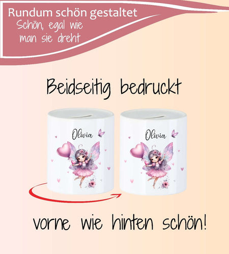 Personalisierte Kinderspardose mit Namen Fee – Keramik Spardose zur Einschulung, Geburt oder Taufe - CreativMade 