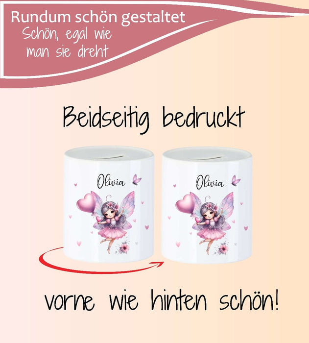 Personalisierte Kinderspardose mit Namen Fee – Keramik Spardose zur Einschulung, Geburt oder Taufe - CreativMade 