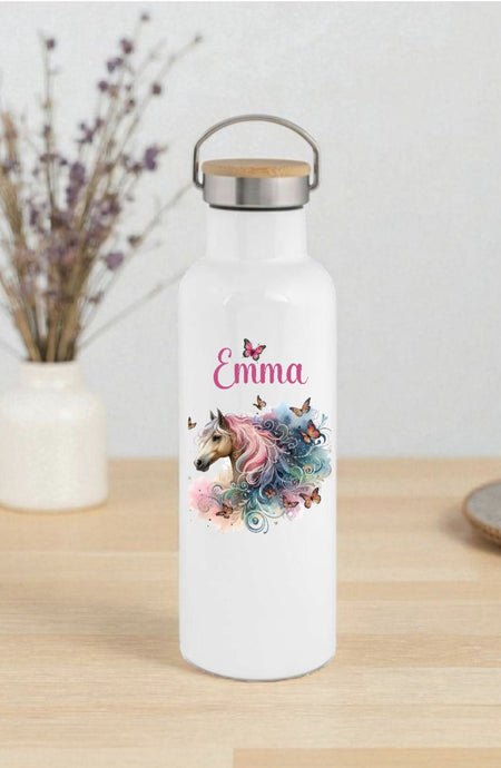 Personalisierte Kinder Trinkflasche mit Namen Pferd – Edelstahl Thermosflasche auslaufsicher für Kindergarten & Schule - CreativMade