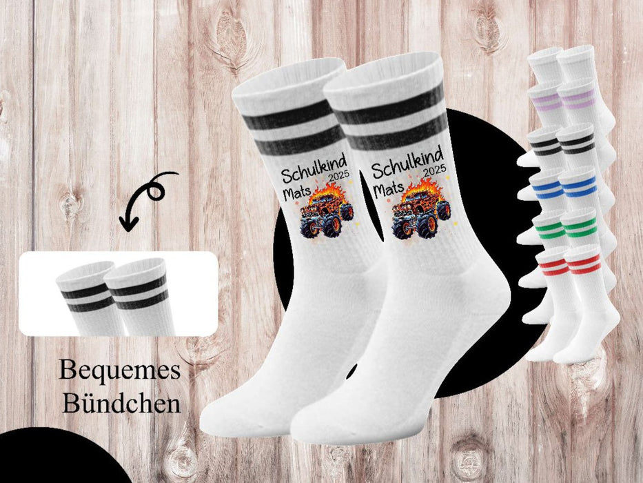 Kindersocken Einschulung Monstertruck – 100 % Baumwolle Größe 27–36 Unisex - CreativMade