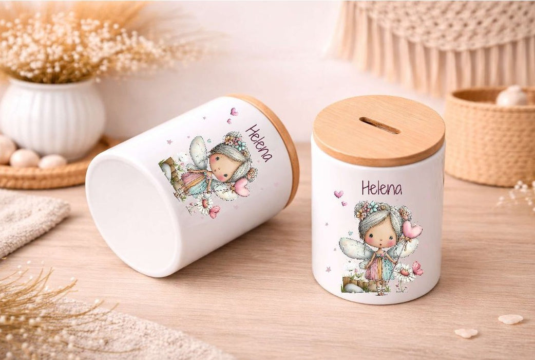 Kinder Spardose mit Name Fee – Personalisierte Spardose für Kinder Keramik mit Bambusdeckel für Mädchen | CreativMade .