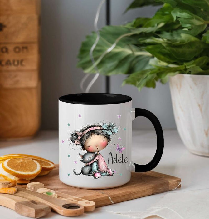 Kindertasse personalisiert mit Namen Katze Mädchen Emaille Keramik Kunststoff Geschenk - CreativMade 