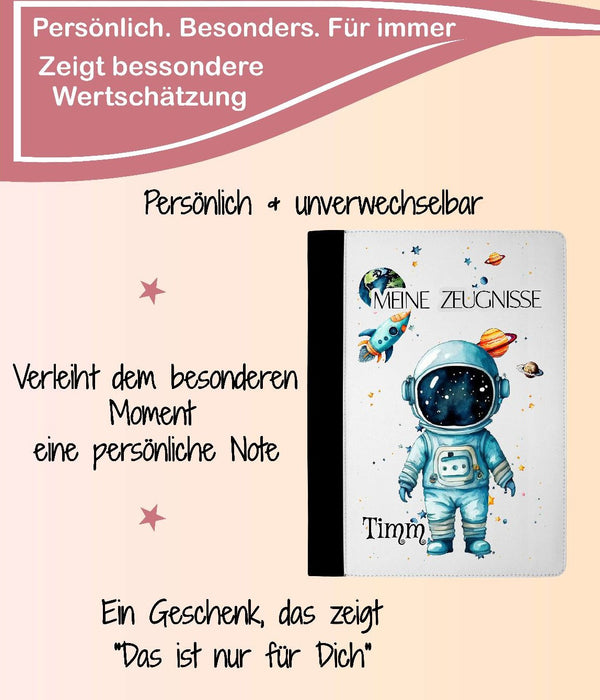Personalisierte Zeugnismappe mit Namen Astronaut – Mappe für Schulzeugnisse A4 | Geschenk zur Einschulung Jungen - CreativMade