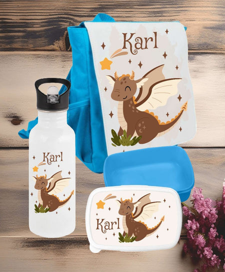 Set Brotdose Trinkflasche und Rucksack personalisiert mit Namen Drache Kinder Edelstahl Flasche Kita Kindergarten Kinderrucksack - CreativMade