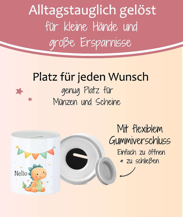 Personalisierte Kinderspardose mit Namen Dinosaurier – Keramik Spardose zur Einschulung, Geburt oder Taufe - CreativMade