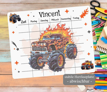 Personalisierter Stundenplan mit Name Monstertruck Jungen abwischbar Einschulung - CreativMade