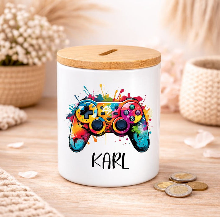 Kinder Spardose mit Name Controller – Personalisierte Spardose für Kinder Keramik mit Bambusdeckel für Jungen | CreativMade .