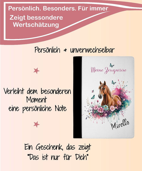 Personalisierte Zeugnismappe mit Namen Pferd – Mappe für Schulzeugnisse A4 | Geschenk zur Einschulung Mädchen - CreativMade